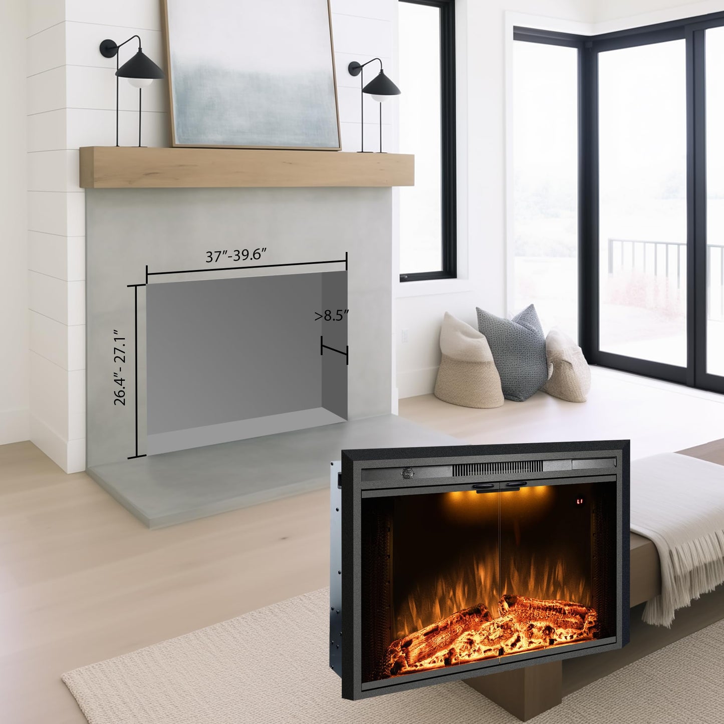 Benrocks 40'' Electric Fireplace Inserts with Glass Door, Electric Fireplace Heater with Fire Crackling Sound, Adjustable Top Light & Flame Speed, Overheating Protection, 750/1500W Black