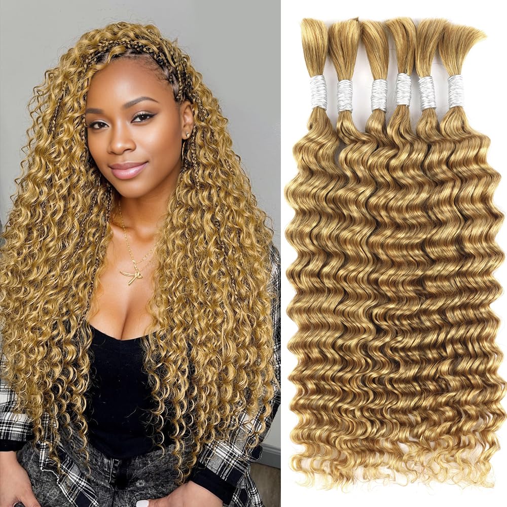 Blonde Human Braiding Hair for Boho Braids 16 Inch 6 Bundles Human Hair Braiding Hair Deep Wave Bulk Human Hair for Braiding No Weft Curly Human Hair Brading Hair Extensions 150g 27#