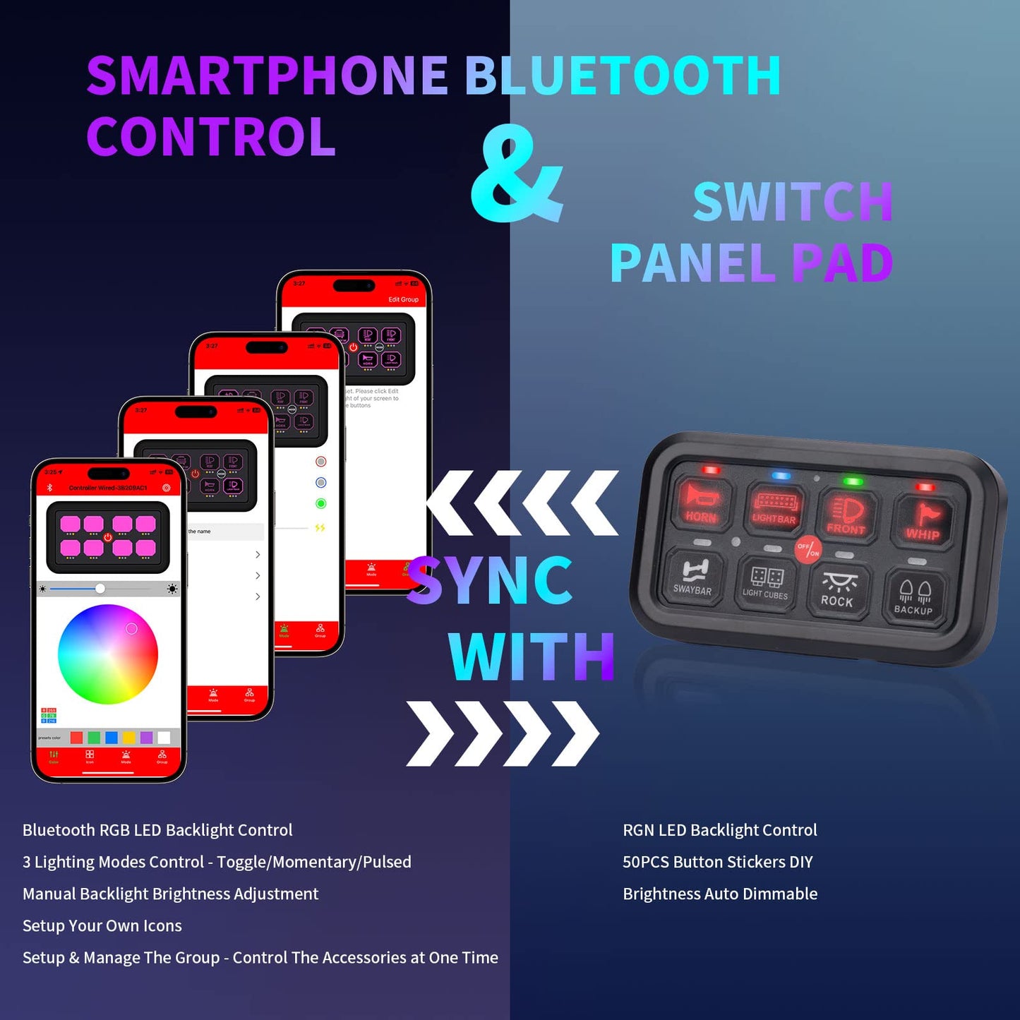 YCHOW-TECH RGB 8 Gang Switch Panel with 3 Lighting Modes Switch Pod Dimmable Function Toggle Momentary Pulsed Bluetooth Switch Circuit Control Relay System Box for Truck SUV Offroad Marine