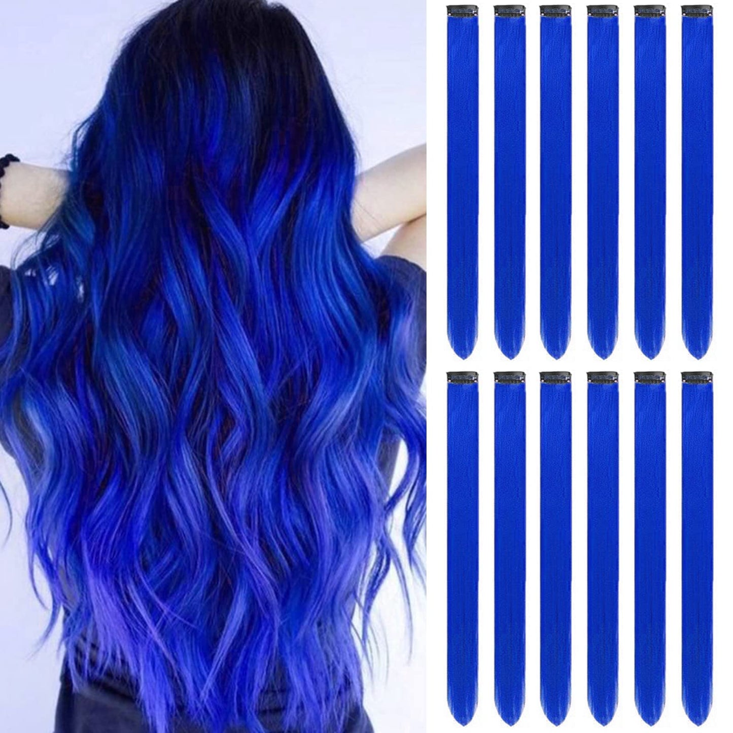 GPOVVIMX 12 PCS Blue Hair Extensions Clip in, Colored Party Highlights Extension for Kids Girls Synthetic Hairpiece Straight 22 inch