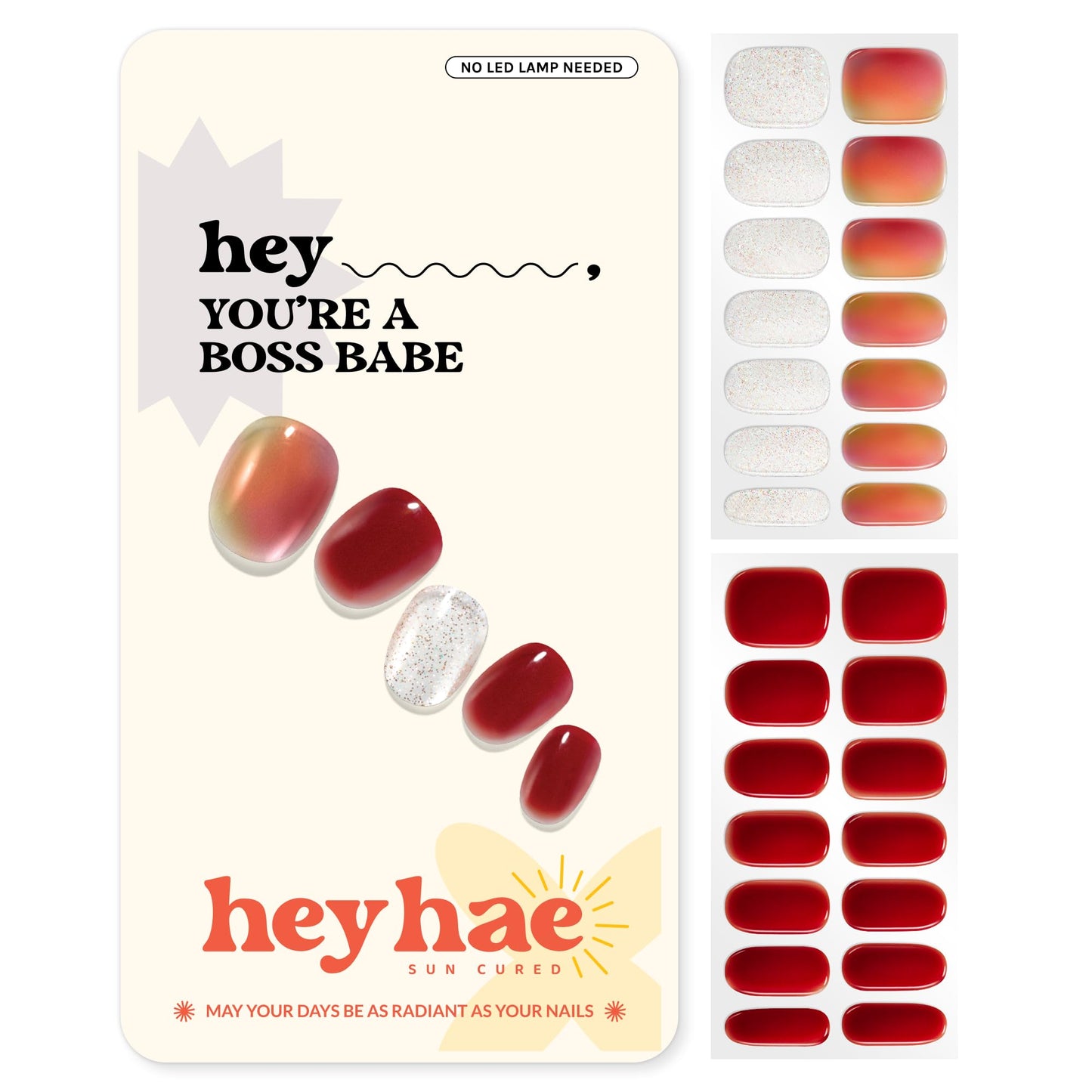 Heyhae Semi Cured Gel Nail Strips | No LED Lamp Needed | Marble, Red | Easy Apply & Remove, Salon Quality | Includes 28 Strips, 1 Prep Pads, Nail File & Wooden Stick - Hey, You're a Boss Babe