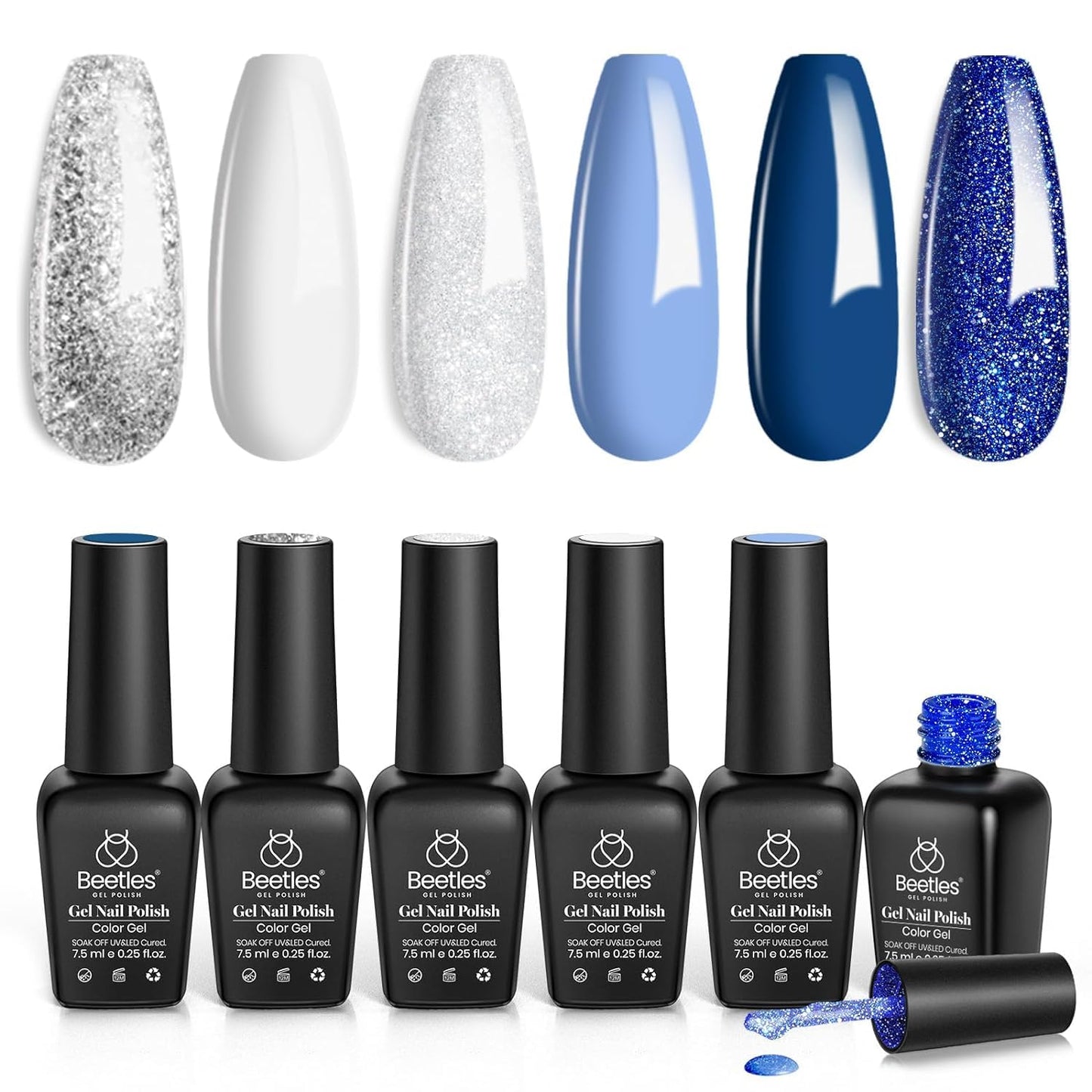 Beetles Gel Nail Polish Set, White Glitter Navy Blue Silver 6 Colors Gel Polish Gel Nail Polish Soak off UV LED Lamp for Women Gel Nail Polish Colors