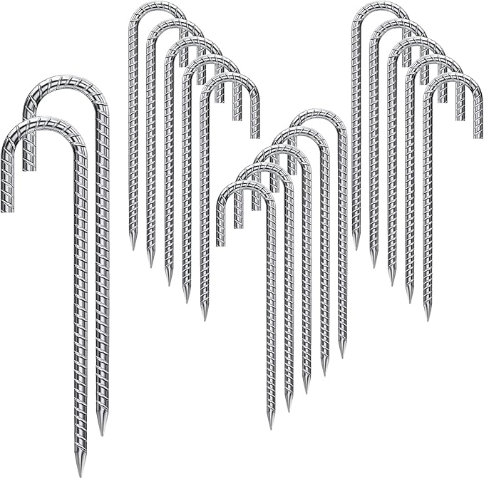 Rebar Stakes 16 Inch 17 Pack Tent Stakes Heavy Duty Metal J Hook, Fence Stakes for Trampoline, Fence, Camping Tent (17, J-16 x2/5")