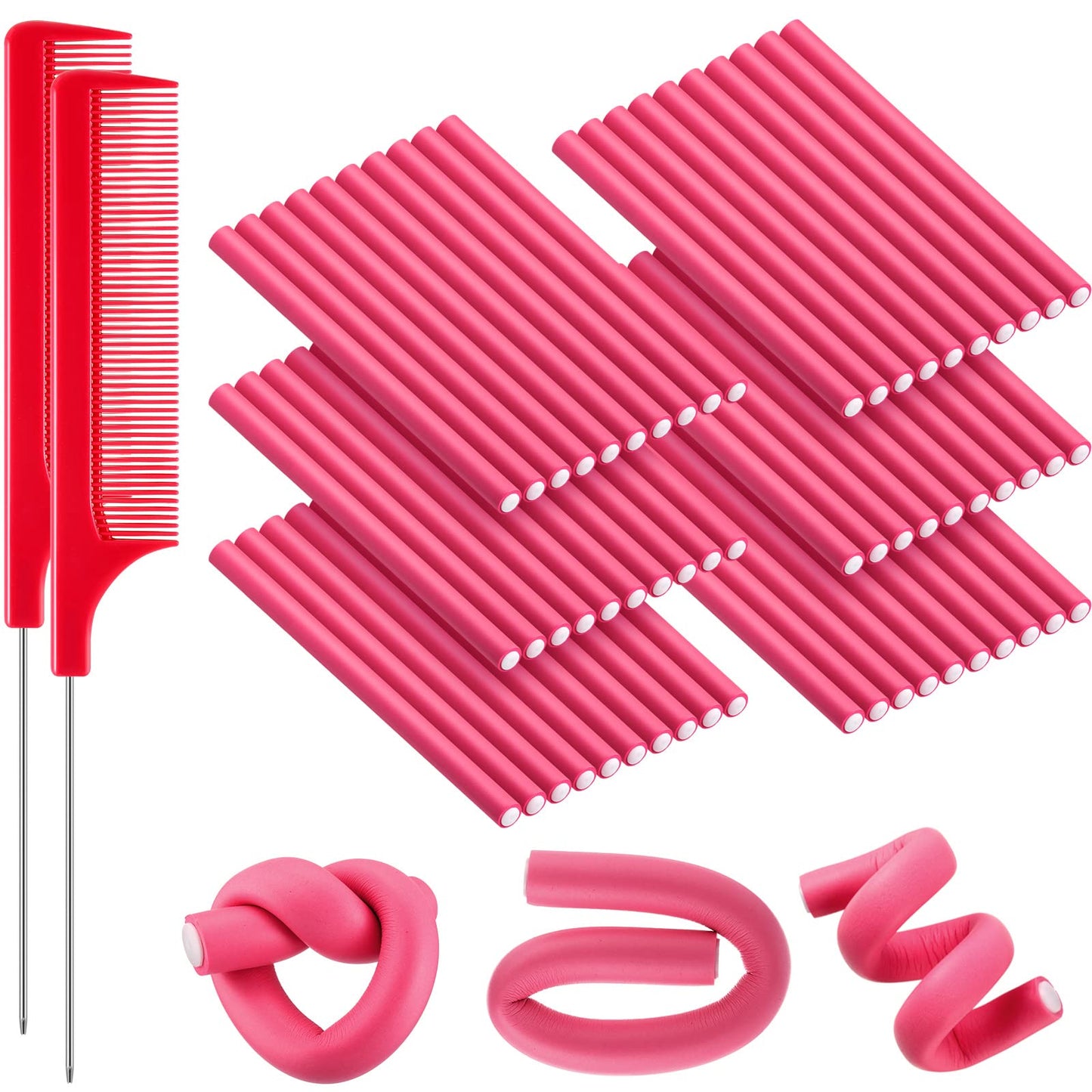 WILLBOND 60 Pieces Flexible Curling Rods Hair Curlers Rollers Twist Flexi No Heat Rods Rollers for Long Short Hair Women(0.6 x 9.5 Inch,Red)
