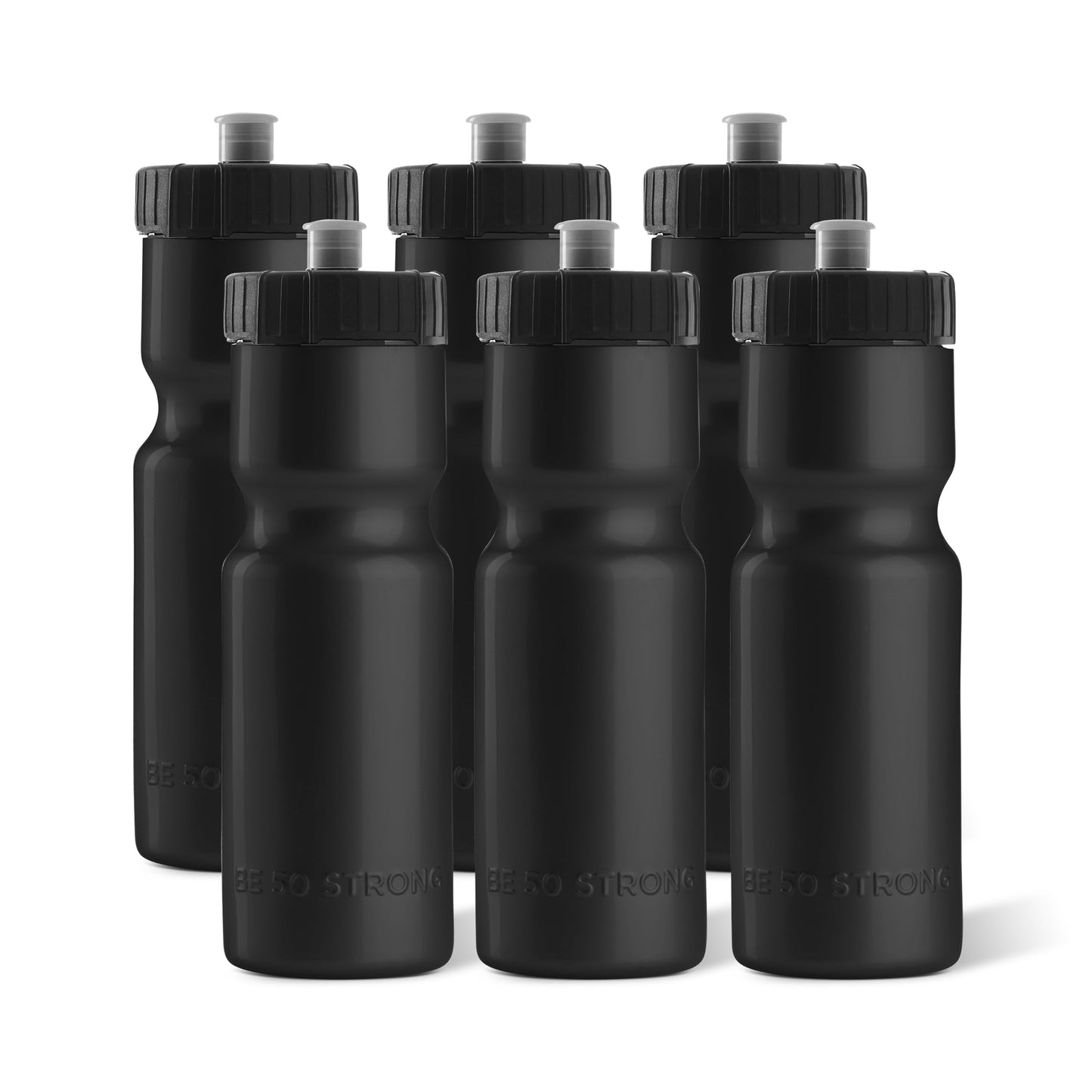 50 Strong Sports Squeeze Water Bottle 6 Pack – 22 oz. BPA Free Easy Open Push/Pull Cap – USA Made (Black)