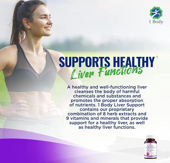 1 Body Liver Support Supplement with Milk Thistle & Dandelion, Twin Pack, 60 Capsules Each