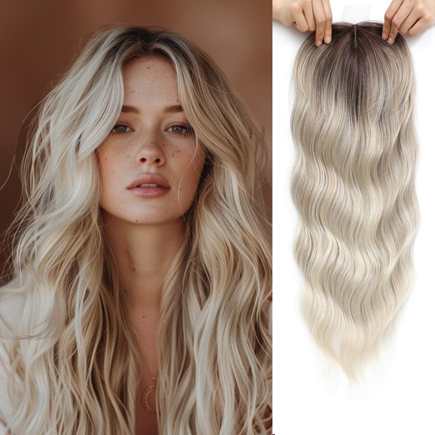 360 3D Wiglet for Women: 20 Inch Curly Hair Topper with Side Bangs, Wavy Hair with Thinning, Ash Blonde Mix Highlights with Brown Root