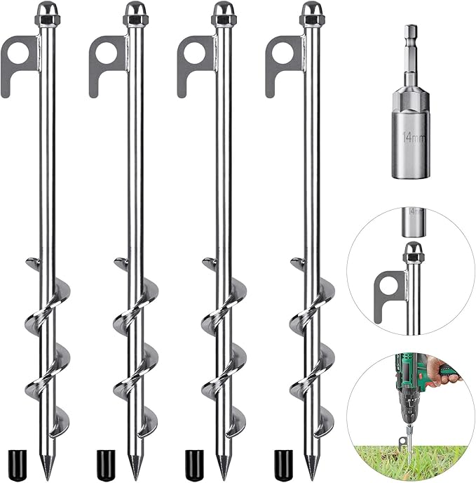 12 Inch Ground Anchors, 4 Pcs Heavy Duty Tent Stakes, Easy to Install and Reusable, for Camping Tents, Trampolines, Sheds, Swing Sets, Securing Animals