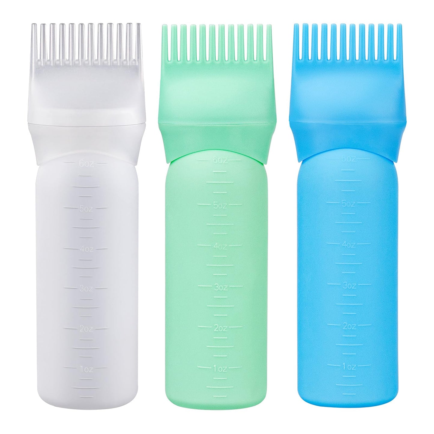 Cosywell Root Comb Applicator Bottle 6 Ounce 3 Pack Hair Oiling Bottle Hair Dye Applicator Brush for Hair Root Comb Color with Graduated Scale(White Blue Green)