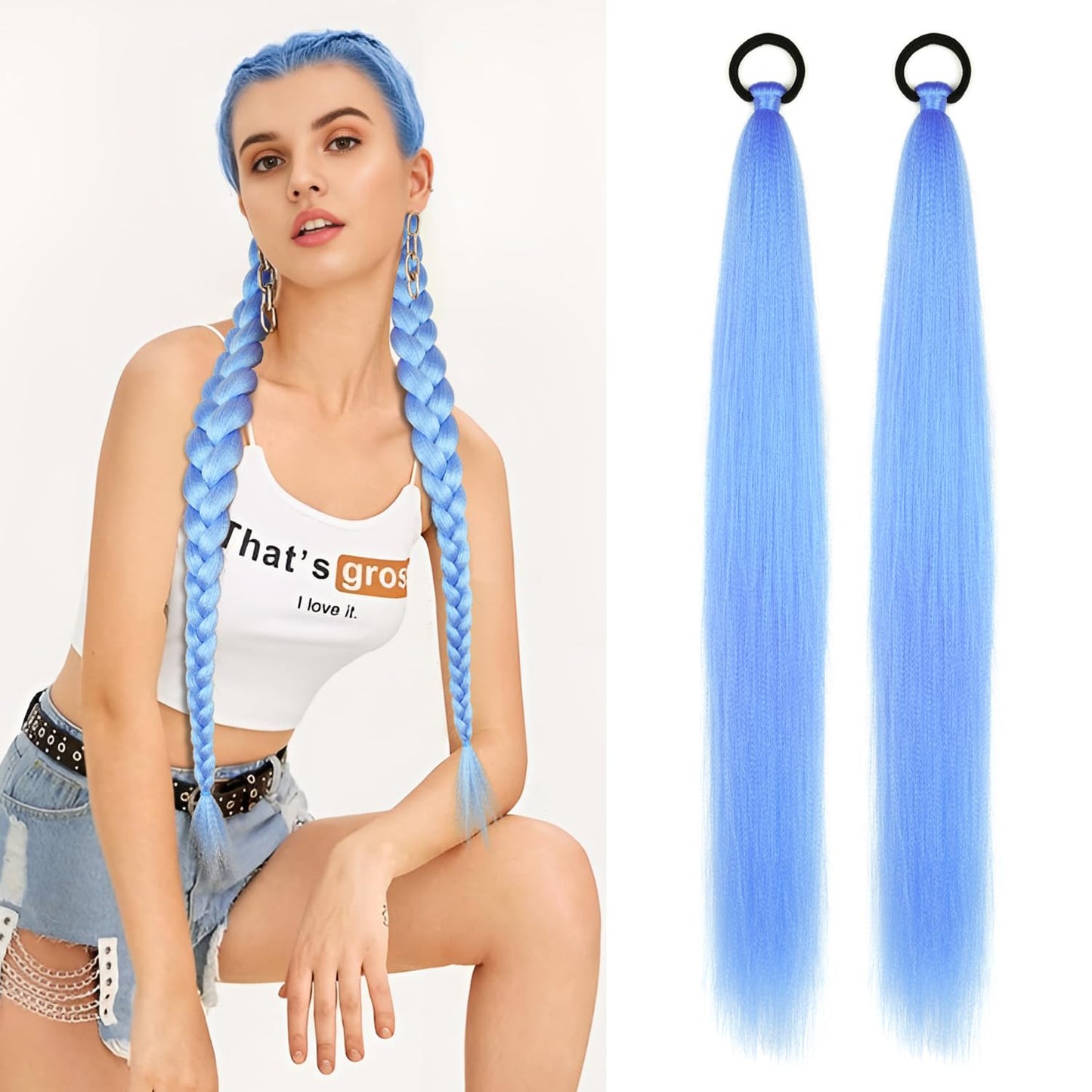 2 Pack Blue Ponytail Extension with Elastic Tie Straight Sleek Wrap Around Braid Ponytail Light Blue 26 Inch (Light Blue#)
