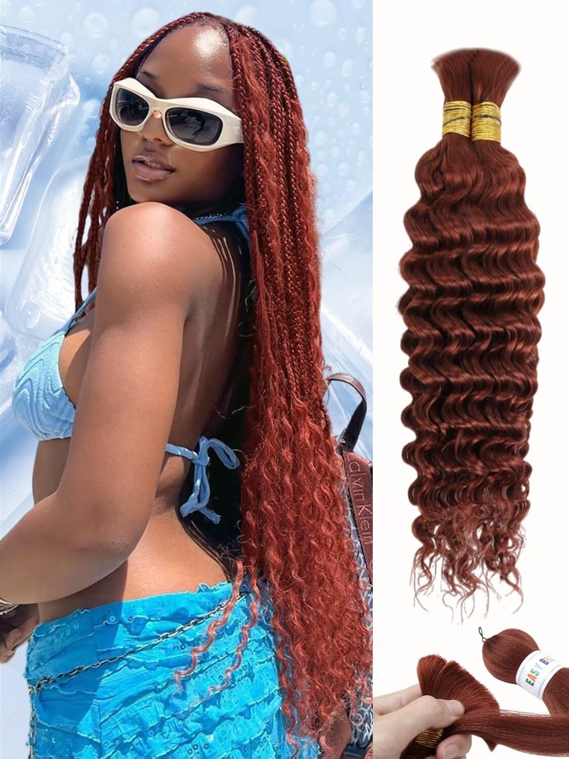 350 Braiding Hair 100g 14 Inch Deep Water Wave Bulk Human Hair for Braiding 2 Bundle 12A Brazilian Virgin Copper Curly Human Hair Extensions for Boho Braids Wet and Wavy Dark Ginger Braiding Hair