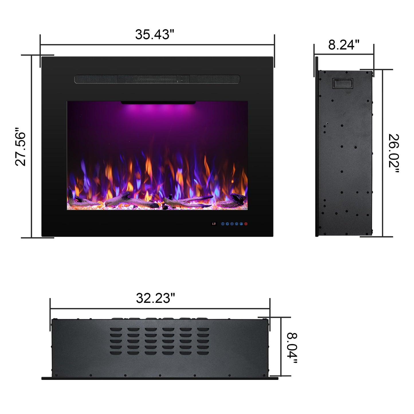 Rodalflame Electric Fireplace Inserts with 3 Flame & Top Light, Recessed Fireplace Heater, Thermostat, 750/1500W, Crackling Sound, Logs & Crystals, Timer, 32.2" W x 26" H Rear, No Wall Mount