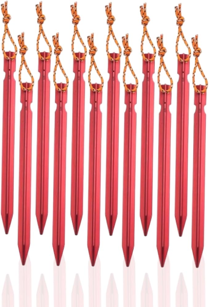 Tent Stakes,Camping Stakes,7-in Ground Pegs with Reflective Pull Ropes, Tri-Beam Stakes in a Carrying Bag, for Camping, Backpacking, Hammocks and Canopy,Aluminum Tent stakes12 Pack