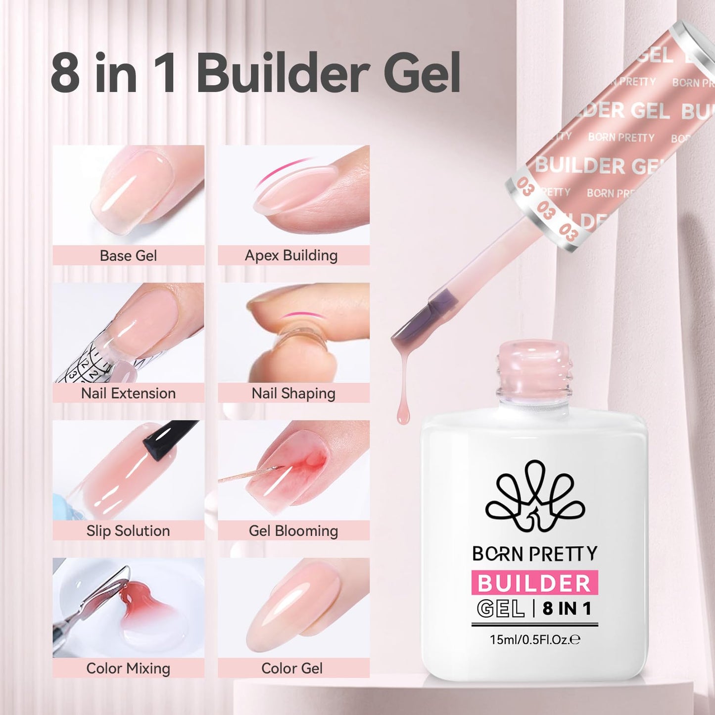 BORN PRETTY Builder Gel for Nails, 8-in-1 Extension Gel Strengthener Gel Hard Builder Nail Gel Base Top Gel, Pink Gel Builder Rhinestone Nail Glue Gel in A Bottle Nails 15ML