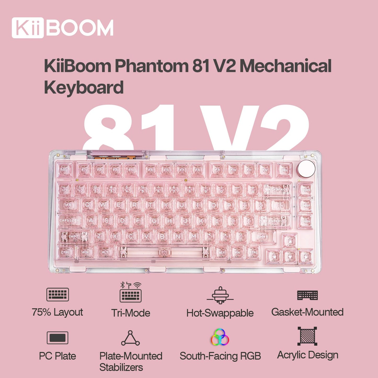 KiiBoom Phantom 81 75% Transparent Mechanical Gaming Keyboard, Hot Swappable Custom Gasket Keyboard with RGB Backlit, Clear Keycap, Rechargeable Battery, Triple Mode for Win/Mac (Phantom 81 V2 Pink)