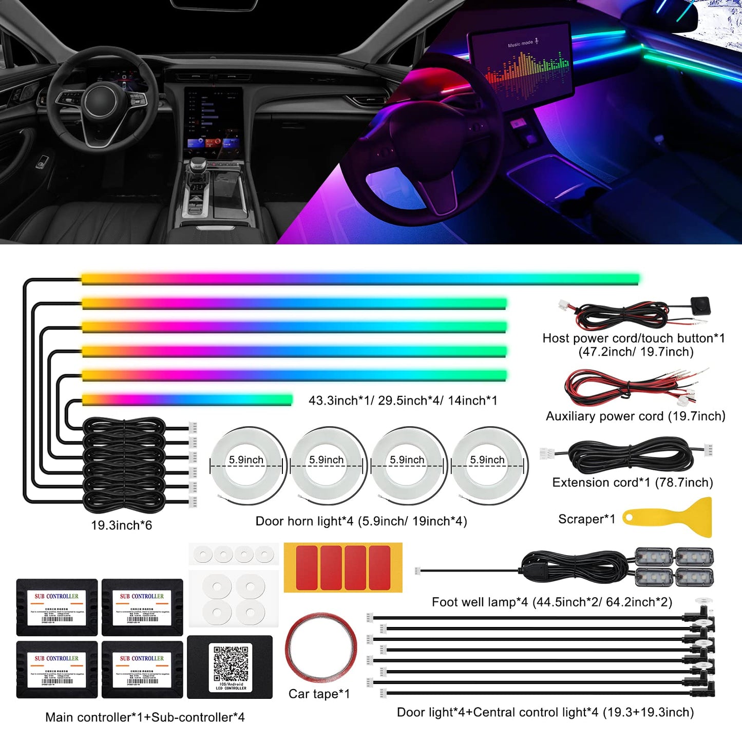 Dreamcolor Acrylic Interior Car LED Strip Light with Wireless APP, RGB 22 in 1 with 175 inches 593 LEDs Fiber Optic Ambient Lighting Kits, 16 Million Colors Sound Active Function Car Neon Lights