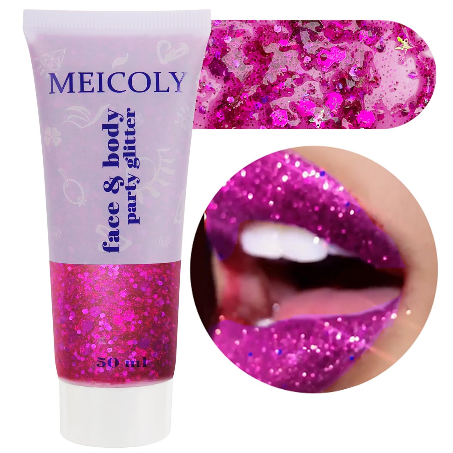 MEICOLY Purple Face Body Glitter,Mardi Gras Outfit for Women,Sparkle Mardi Gras Accessories,Chunky Glitter Face Paint,Face Eye Lip Hair Music Festival Rave Glitter Makeup,Body Glitter Gel for Women