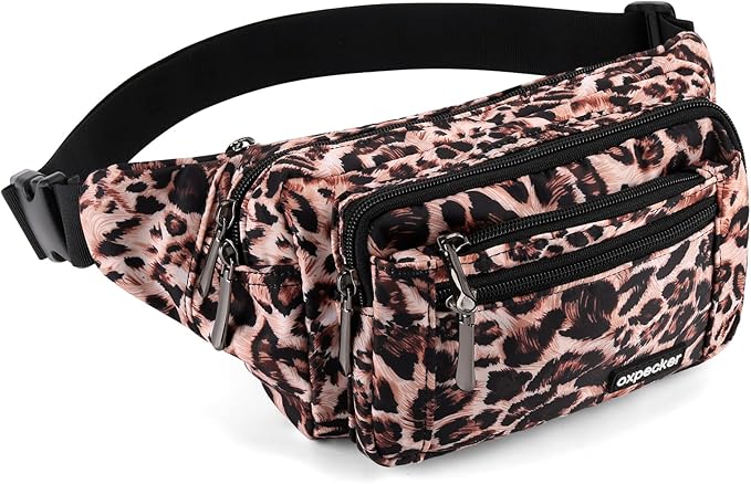 Oxpecker Waist Pack Bag with Rain Cover, Waterproof Fanny Pack for Men&Women, Workout Traveling Casual Running Hiking Cycling, Hip Bum Bag with Adjustable Strap for Outdoors (Leopard print)