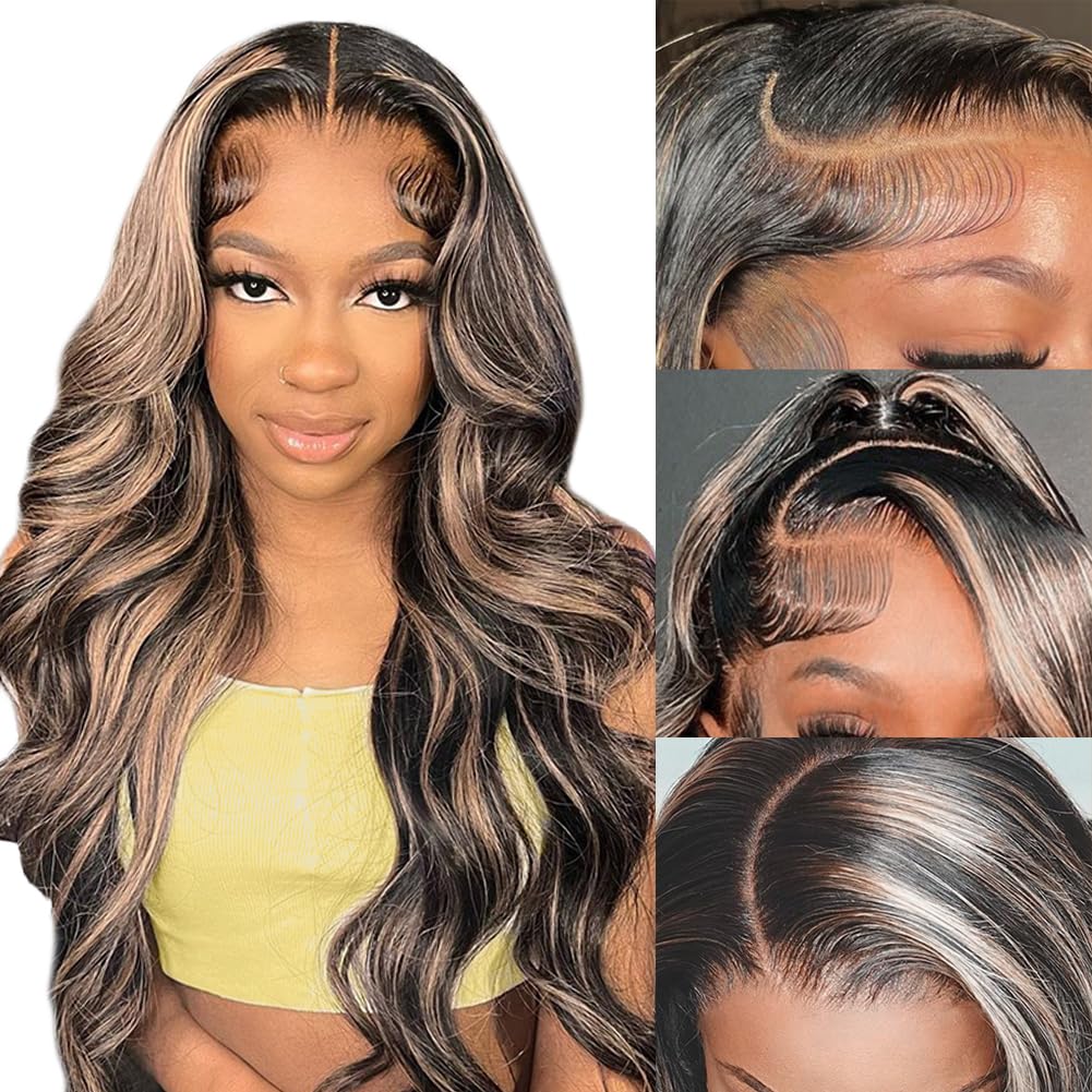 MUGOHK Highlight Lace Front Wig Human Hair 26 Inch Balayage Body Wave 13x4 HD Lace Closure Wigs Pre Plucked with Baby Hair #1b27 Black and Blonde Ombre Human Hair Wigs 150 Density for Women