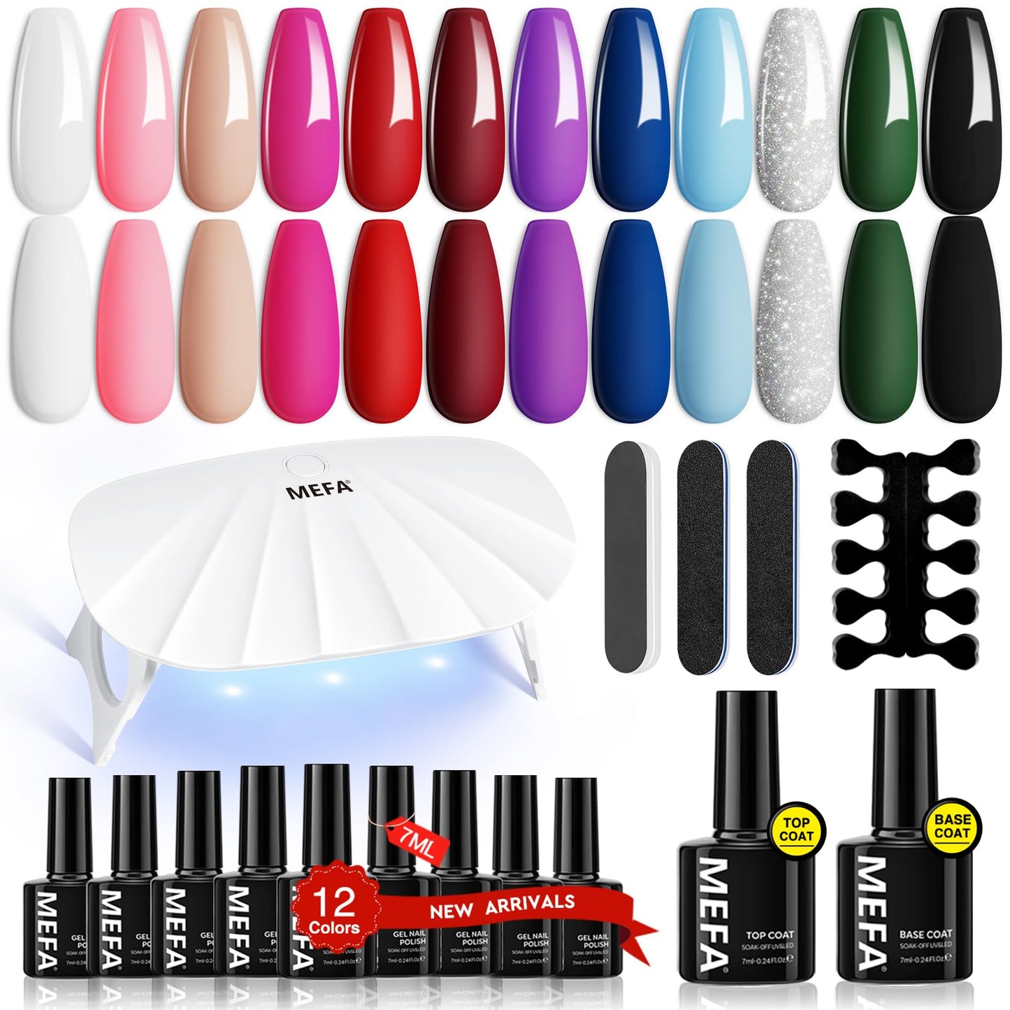 MEFA 19 Pcs Gel Nail Polish Kit with U V Light, 12 Colors All Seasons Nude Milky White Soak Off Gel Polish Nail Set with Base Top Coat Essential Manicure Beginners Salon Gifts for Women