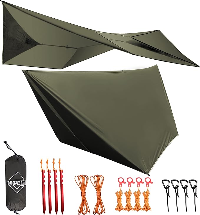 Onewind 11ft Hammock Tarp, Lightweight Silnylon Hammock Rain Fly, 4000mm Waterproof 4-Season Multiple Shelter Solution Camping Tarp Tent with Complete Accessories, OD Green