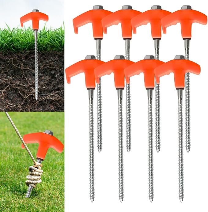 Screw in Tent Stakes, 8" Camping Stakes Non-Rust Heavy Duty Metal Threaded Tent Spikes Tent Peg Ground Stake for Outdoor Camping
