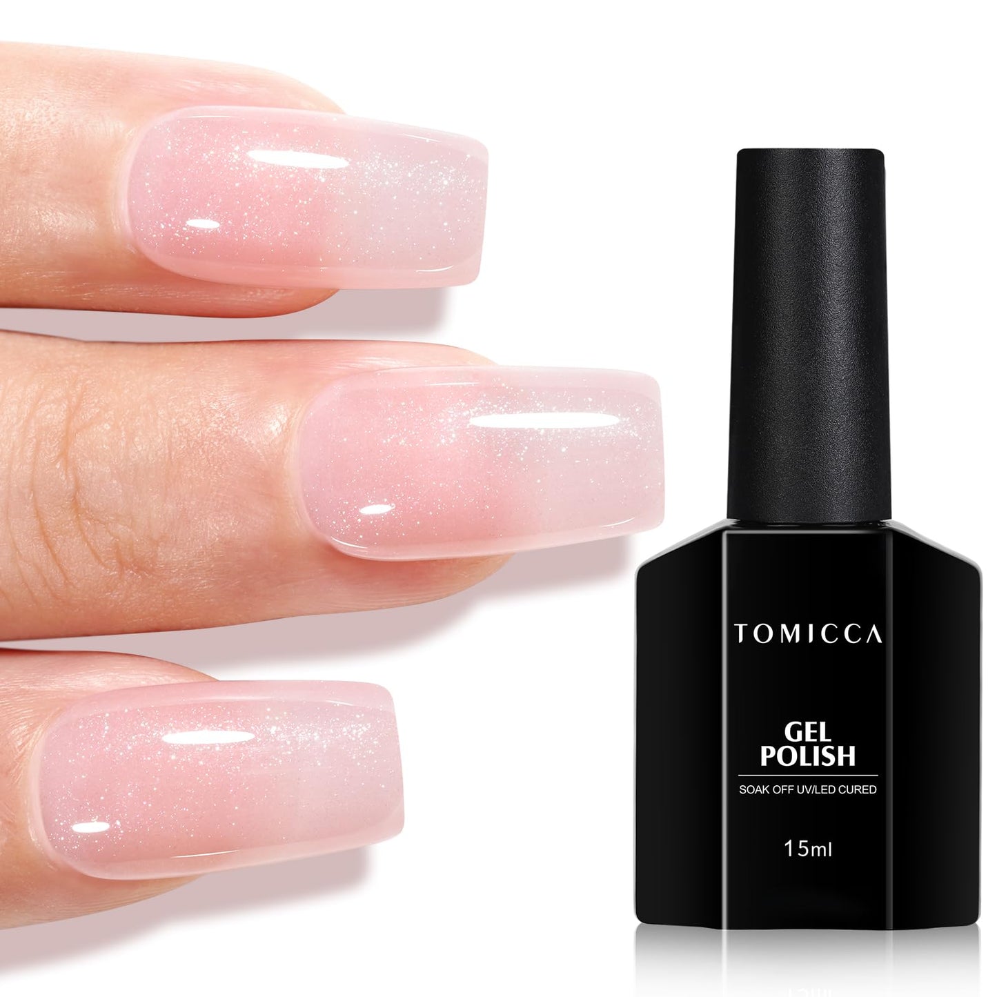 TOMICCA Pink Glitter Gel Nail Polish, Shimmer Sheer Pink Gel Polish, Soak Off UV Transparent Sparkle Clear Nail Polish, DIY Manicure Salon