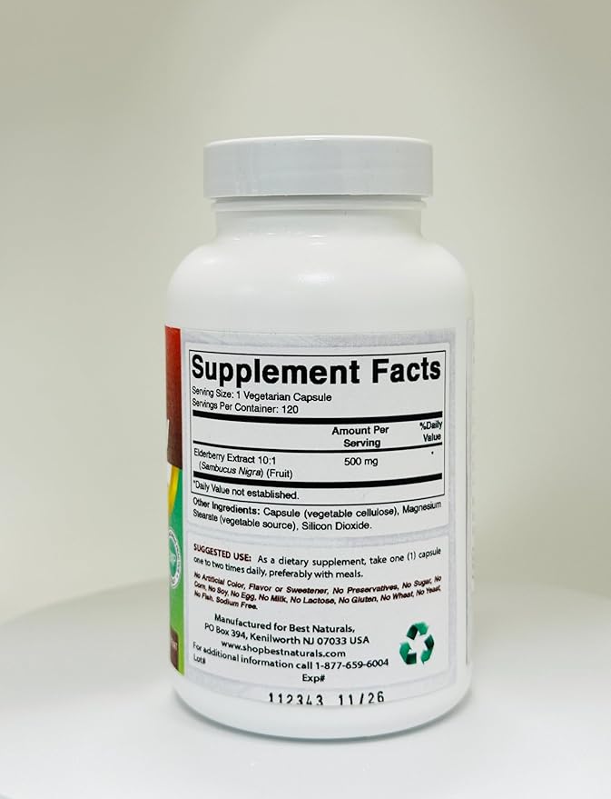 Best Naturals Elderberry Sambucus Nigra Extract 10:1 500 mg 120 Veg Capsules