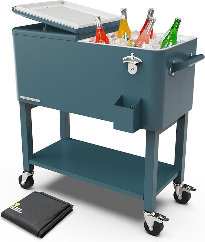 Permasteel Party Cooler with Removable Basin, Spacious 80-Qt Capacity, Rolling Ice Chest for Indoor and Outdoor Entertainment Teal + Bonus Cover
