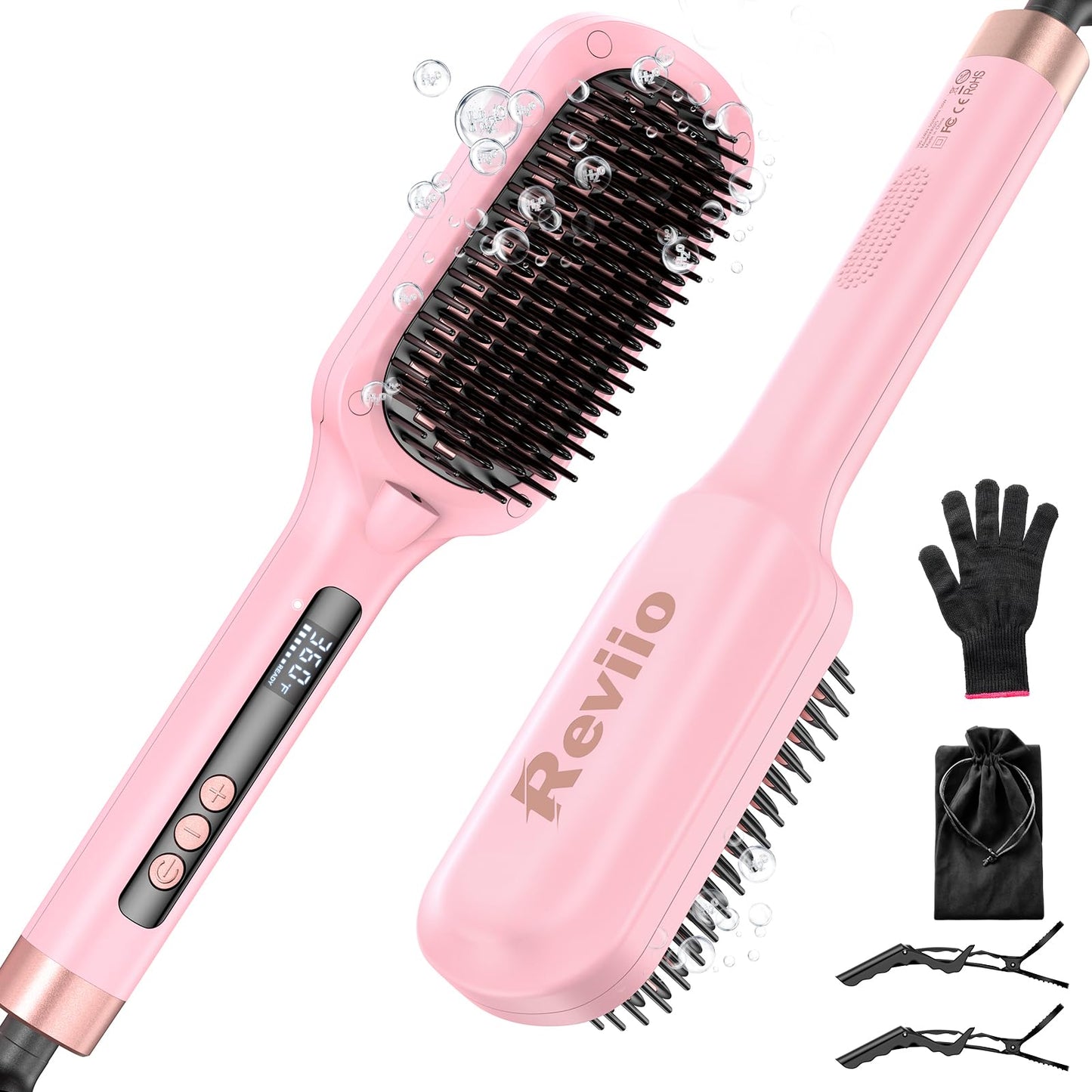 Hair Straightener Brush, 30s Fast Heated Negative Ionic Hair Straightening Brush, Global Voltage, 16 Temp Modes, Anti-Frizz & Anti-Scald & Auto Temperature Lock & Auto-Off Function-Pink