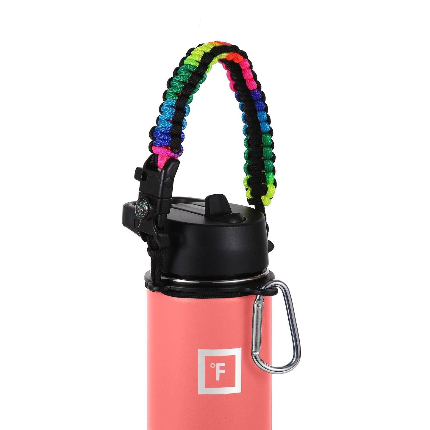 IRON °FLASK Paracord Handle - Fits Wide Mouth Water Bottles - Durable Carrier, Secure Accessories, Survival Strap Cord, Safety Ring, and Carabiner - Seven Core Paracord Bracelet