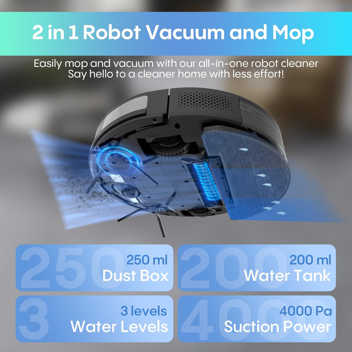 Robot Vacuum and Mop Combo,2 in 1 Robotic Vacuum Cleaner with Mopping,4000Pa Strong Suction,Auto Recharge,WiFi/Alexa/App/Remote, Ideal for Hard Floor,Pet Hair,Auto Carpets Boost