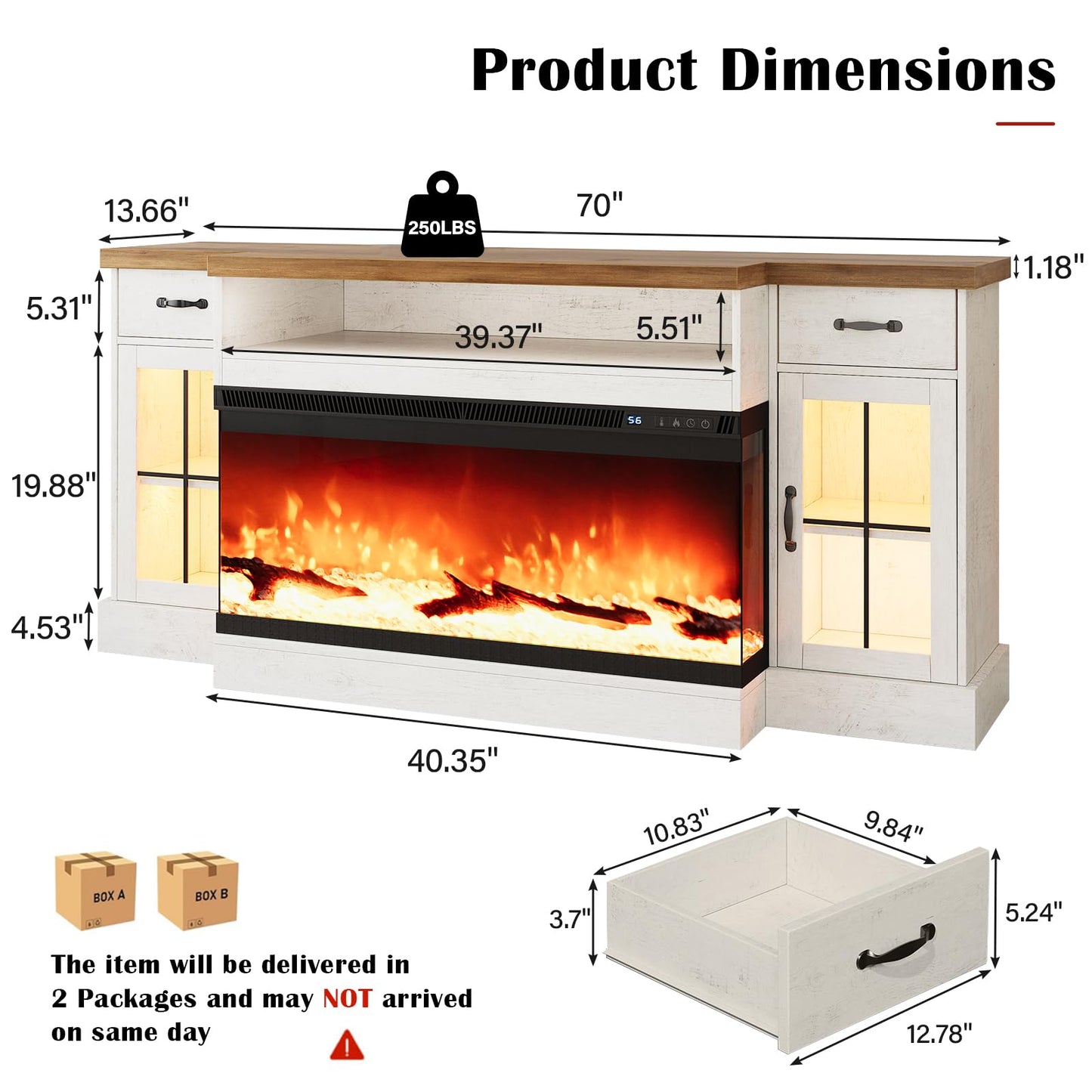 4 EVER WINNER Fireplace TV Stand with 40" Electric Fireplace for 80" TV, 70" Entertainment Center with Adjustable Storage Cabinets, 2 Drawers, TV Consoles for Living Room, White