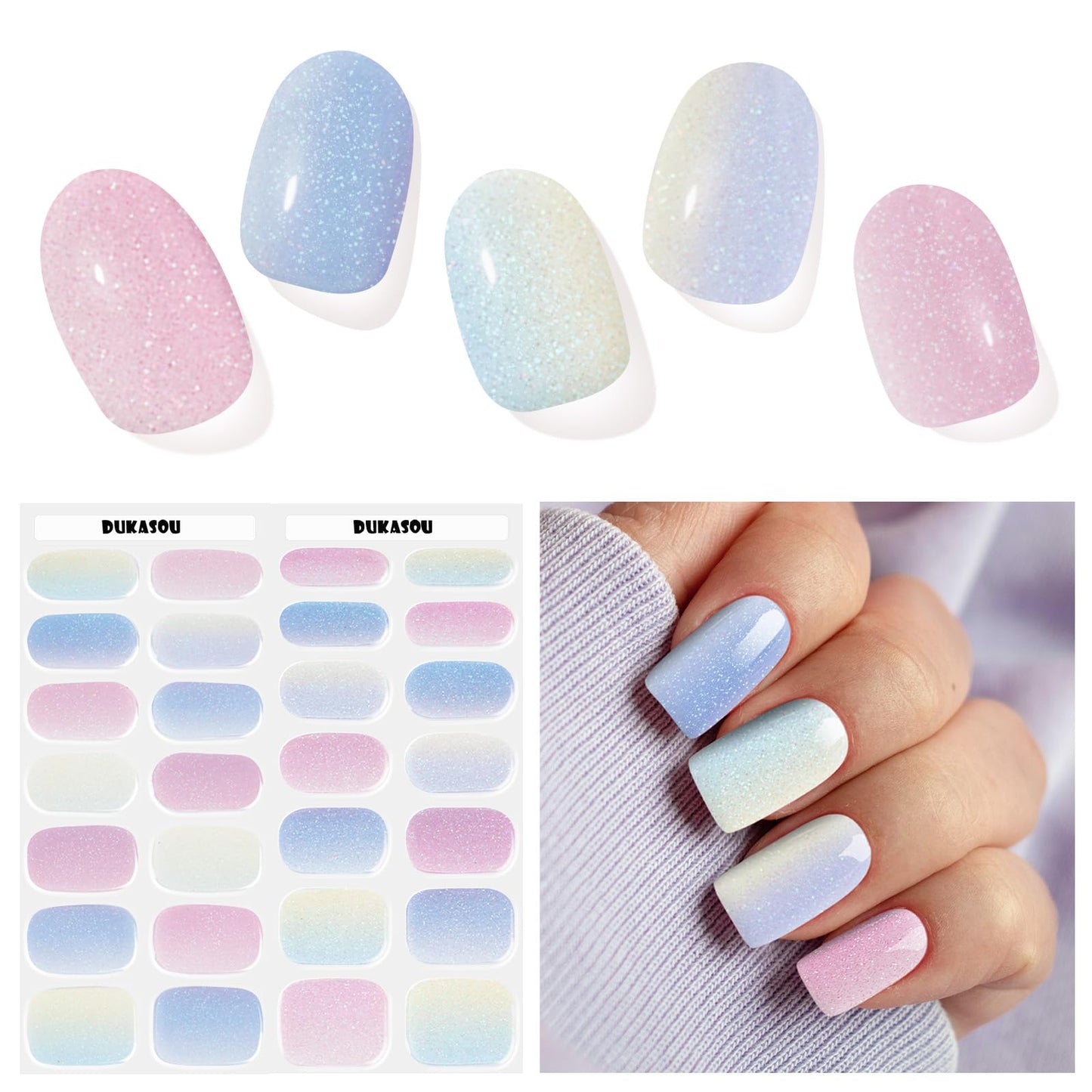DUKASOU Semi Cured Gel Nail Strips, Mermaid | 28 pcs Gel Nail Strips Work with Any UV Lamp, Salon Quality UV Gel Nail Stickers, Easy to Apply for Home Nails DIY