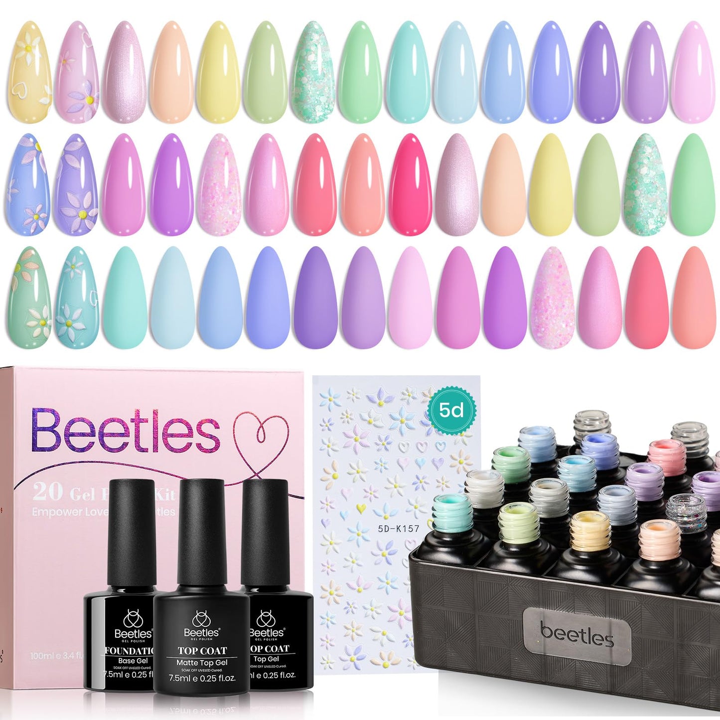 Beetles Pastel Gel Nail Polish Set, 20 Color Macaron Colors Bright Pink Green Spring Nail Polish Kit with Base Gel Glossy & Matte Top Coat Soak off Uv Nail Art Gift for Women