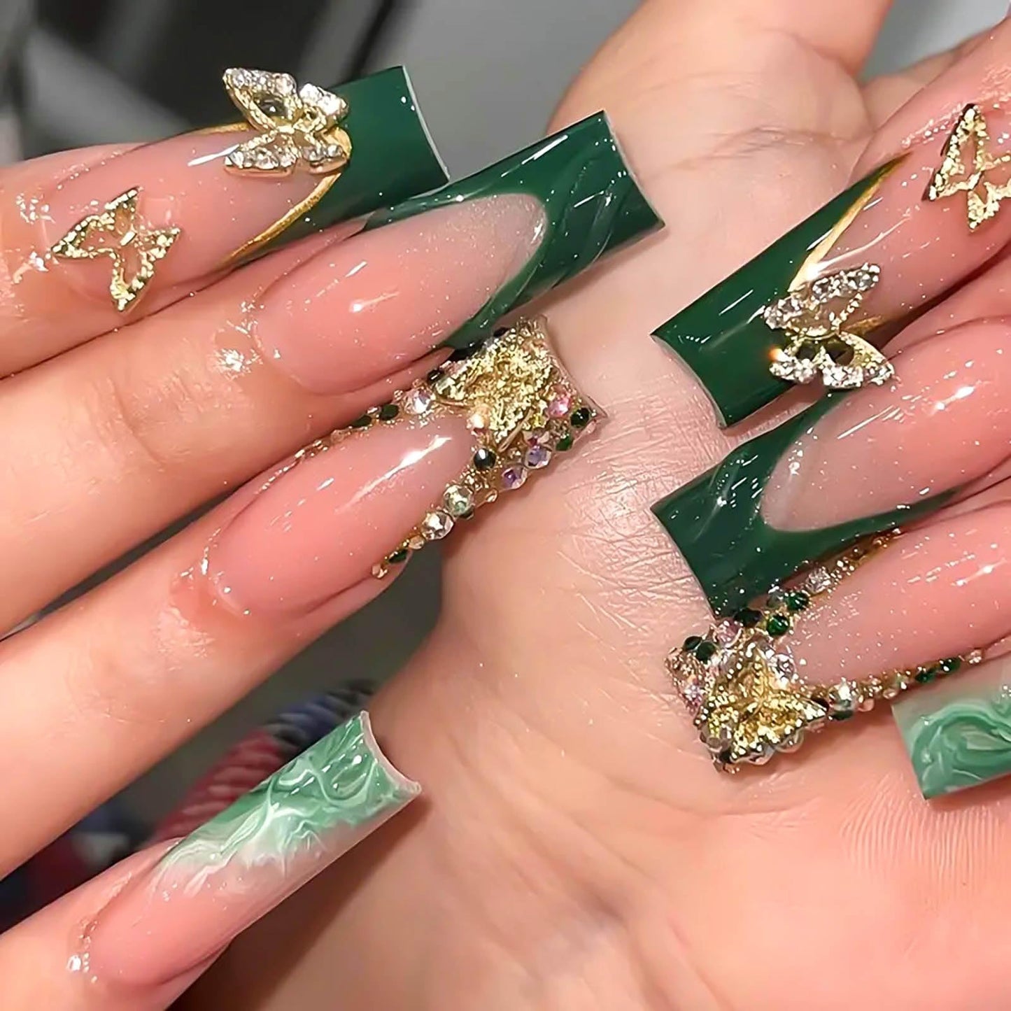 RUOKEXIN Long Square Press on Nails Green French Tip Fake Nails Gold Glitter False Nails with Gold 3D Butterfly Designs Long Square Glue on Nails Sparkly Artificial Nails Cute Stick on Nails for Women