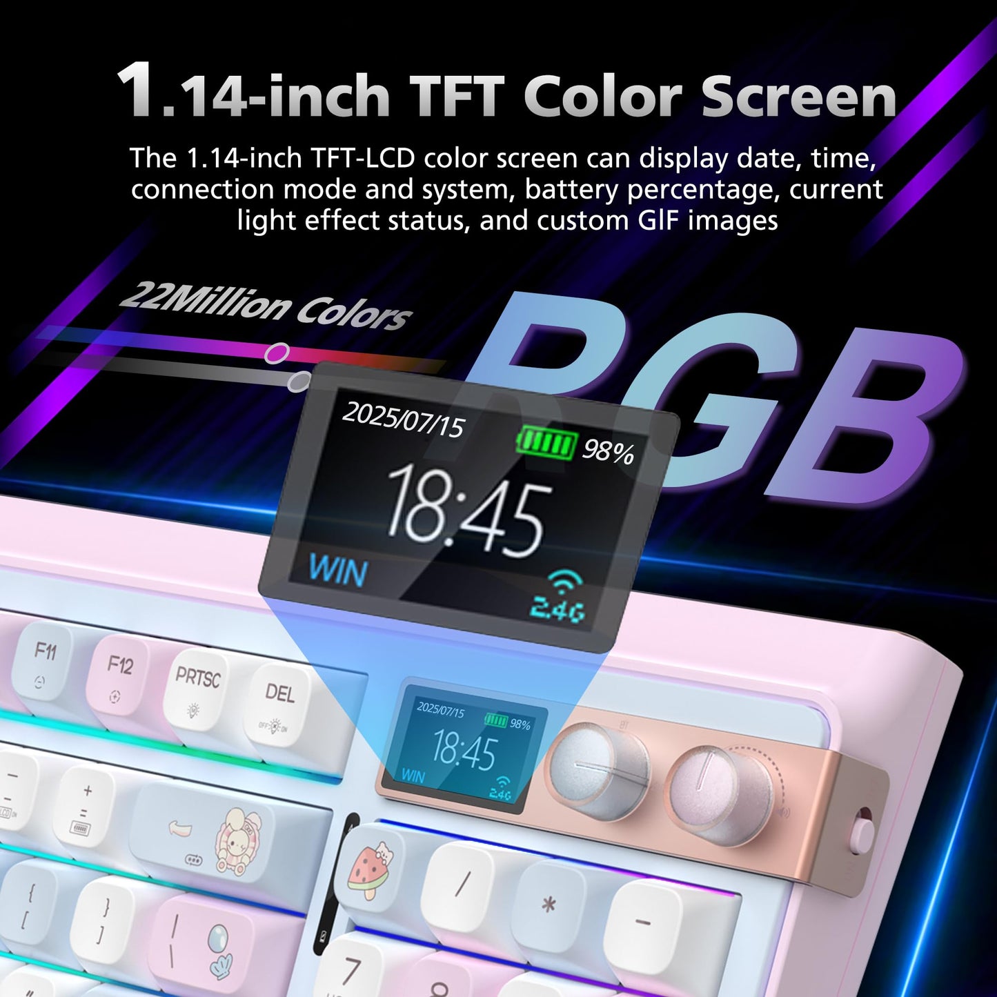 FOPATO H98 Gaming Keyboard, 98% Hot Swappable Gasket Structure 3-Mode Mechanical Keyboard, 96 Keys Full Key Rollover Bluetooth Wireless Keyboard with RGB, PBT Keycaps, Screen for Windows Mac (Pink)