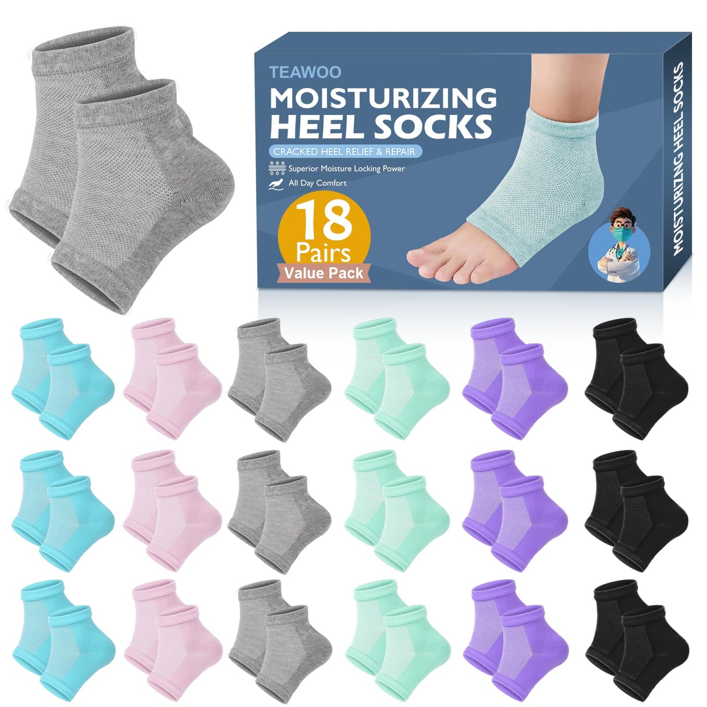 TEAWOO Moisturizing Toeless Socks for Cracked Heels - Heel Repair, Hydrate Dry Feet