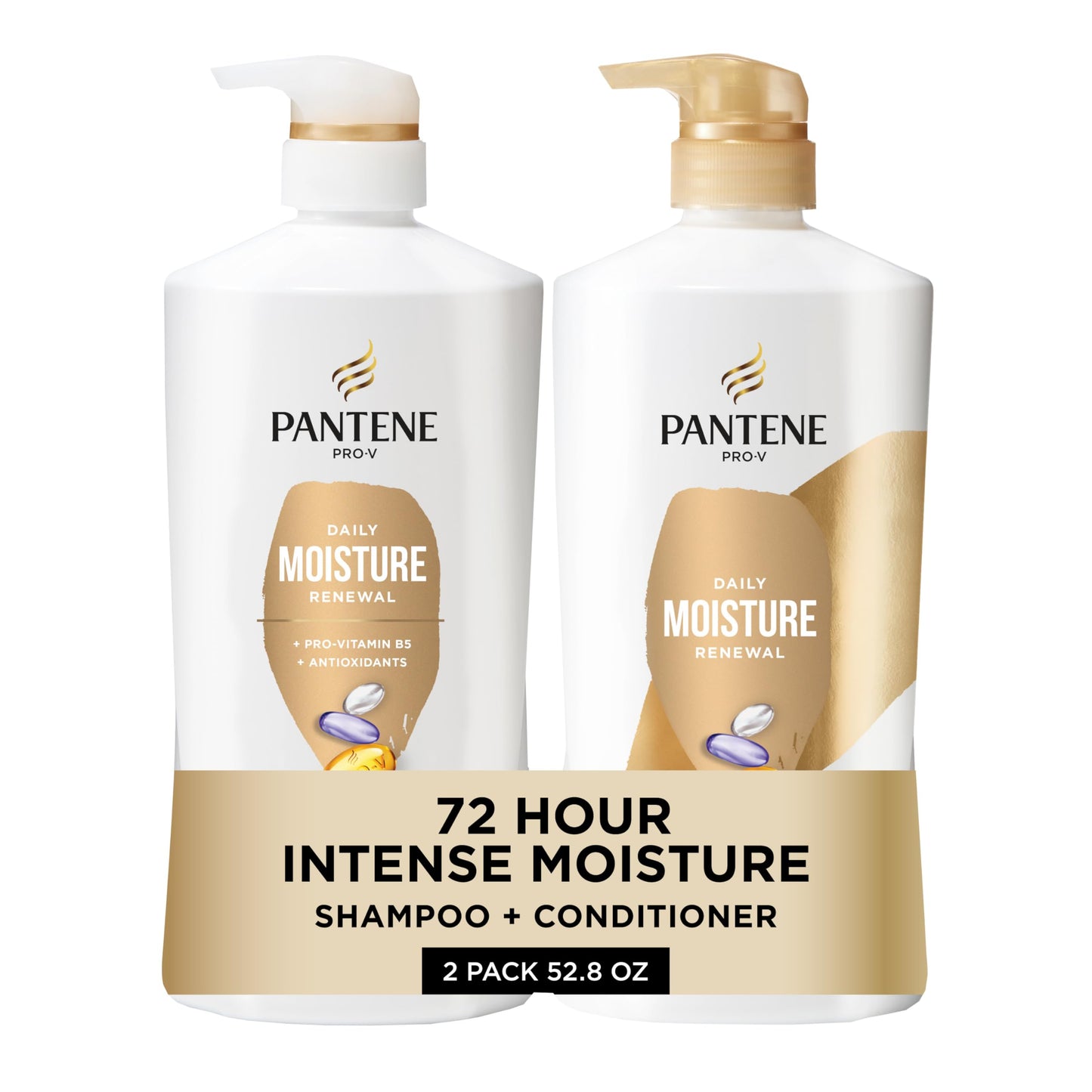 Pantene Shampoo & Conditioner Set, Daily Moisture Renewal - Pro-V Nutrients for Dry, Color-Treated, Straight to Curly Hair, 72-Hour Hydration & Softness, 52.8 Oz Total + Miracle Rescue Shot (0.5 Oz)