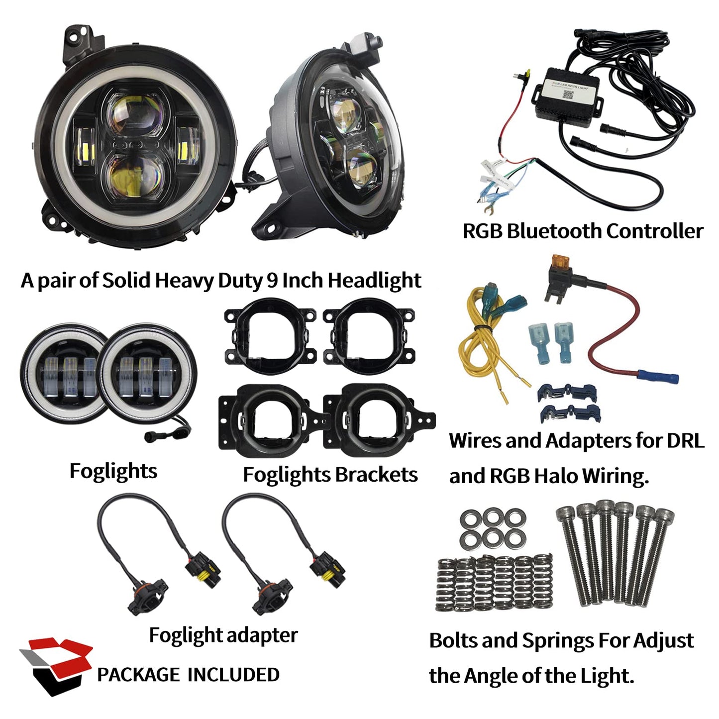 WOLUEN For Je ep JL RGBW Halo Headlights and Fog Lights Combo - Super Bright 9 Inch LED RGB Halo Headlights, 4 inch RGB Fogs For 2018-2023+ Wrangler JL Sahara Rubicon 2020-2023+ Gladiator JT