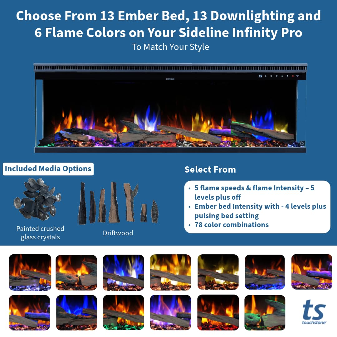 Touchstone Sideline Infinity Pro 3-Sided Smart 50" WiFi-Enabled Electric Fireplace - 80045 - Built-in - 6 Realistic Flame Colors- 13-Color Down Lighting- Crackle Sound- 1,500W Heater