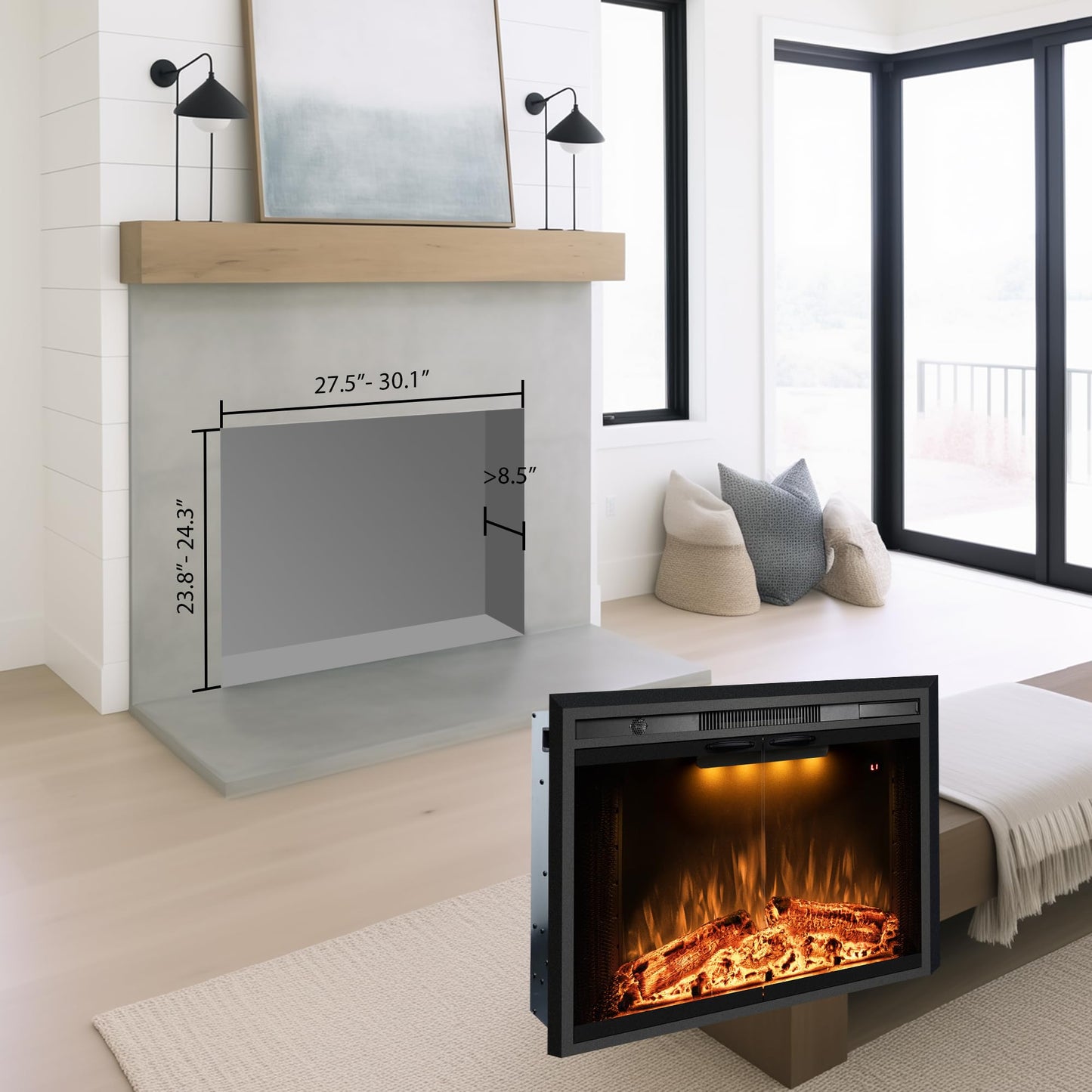 Benrocks 30” Electric Fireplace Inserts with Glass Door and Mesh Screen, Multicolor Flames & Fire Crackling Sounds, Timer, Overheating Protection Fireplace Heater, 750/1500W