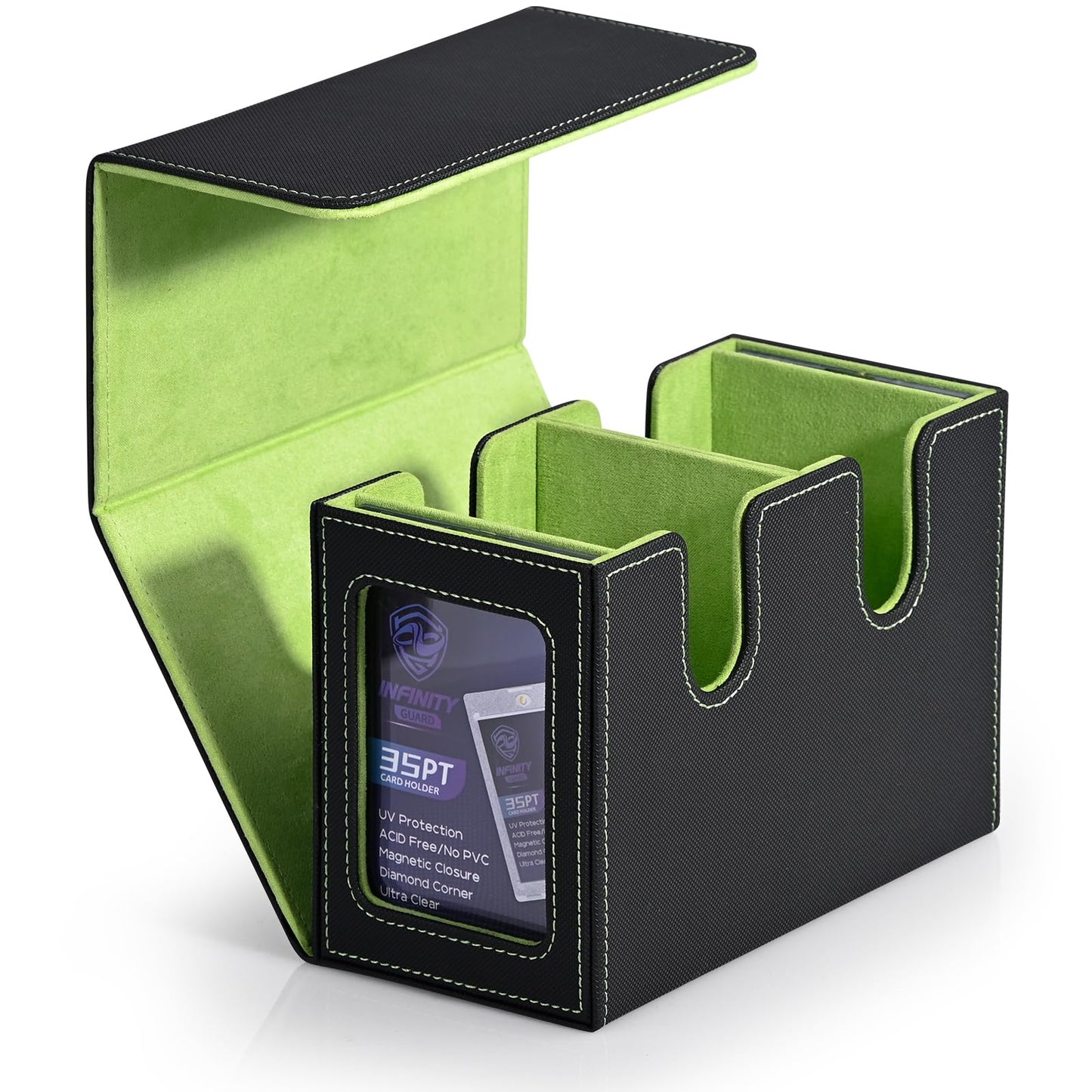Infinity Guard MTG Deck Box with 2 Commander Display, Double Deck Box for 280+ Single Sleeved Cards, Leather Magnetic Card Storage Box Fits for TCG CCG Magic Cards (Black&Lime Green)