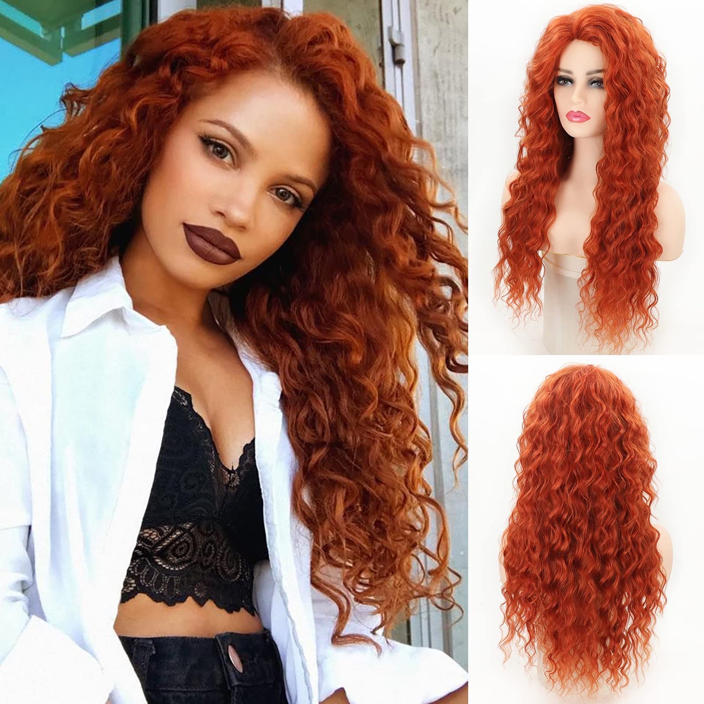 Fencca Wigs Auburn Long Curly Wig Synthetic Wigs for Women Dark Orange Free Part Full Curly Wig Long Wavy Hair Replacement Wig