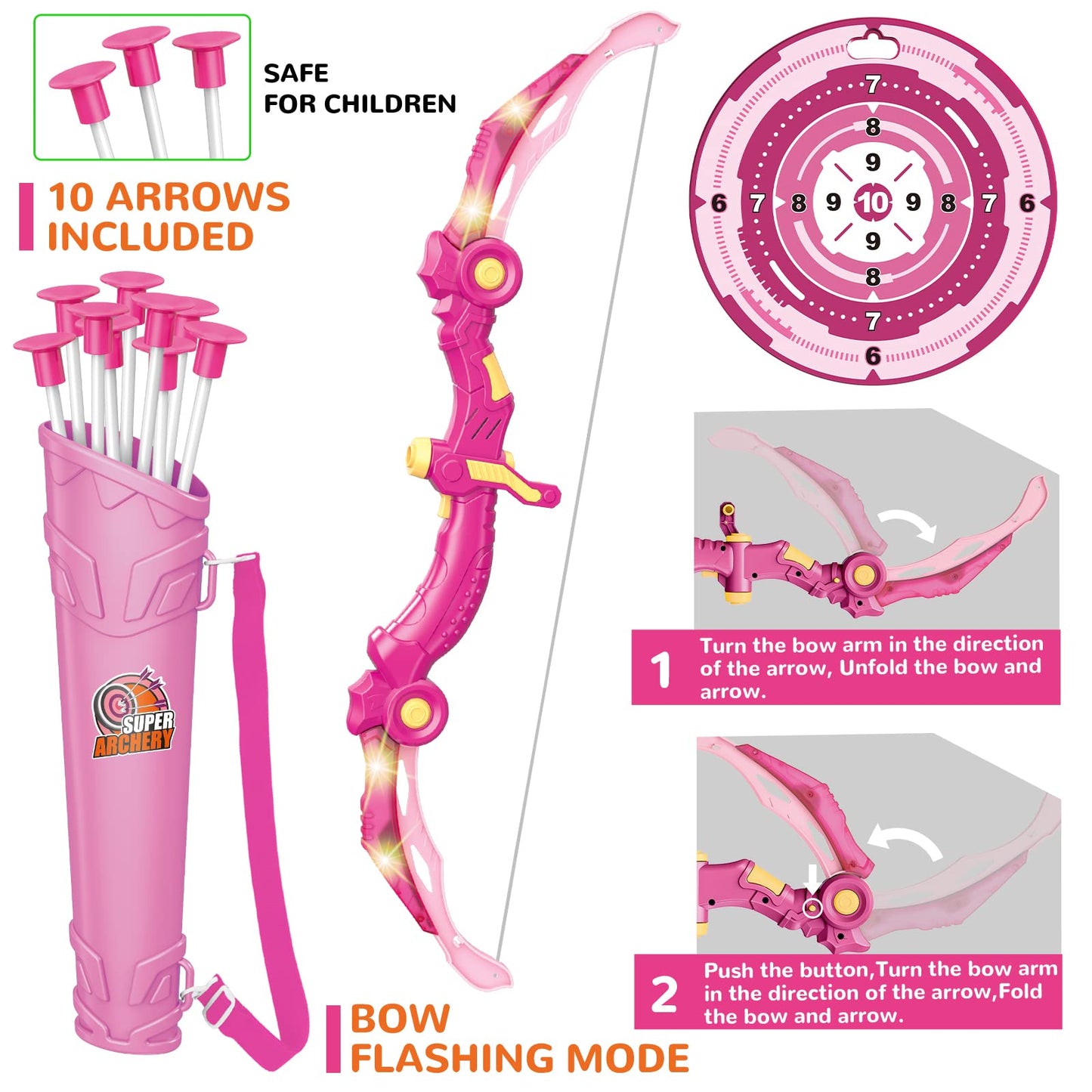 Bow and Arrow Toys with LED Light Up Archery, Birthday Gift for Girls 5 6 7 8 9 10 11 12 Year Old, Christmas Indoor Outdoor Activity Toy for Kids Girls Ages 6-8, 10 Suction Cup Arrows, Target, Quiver