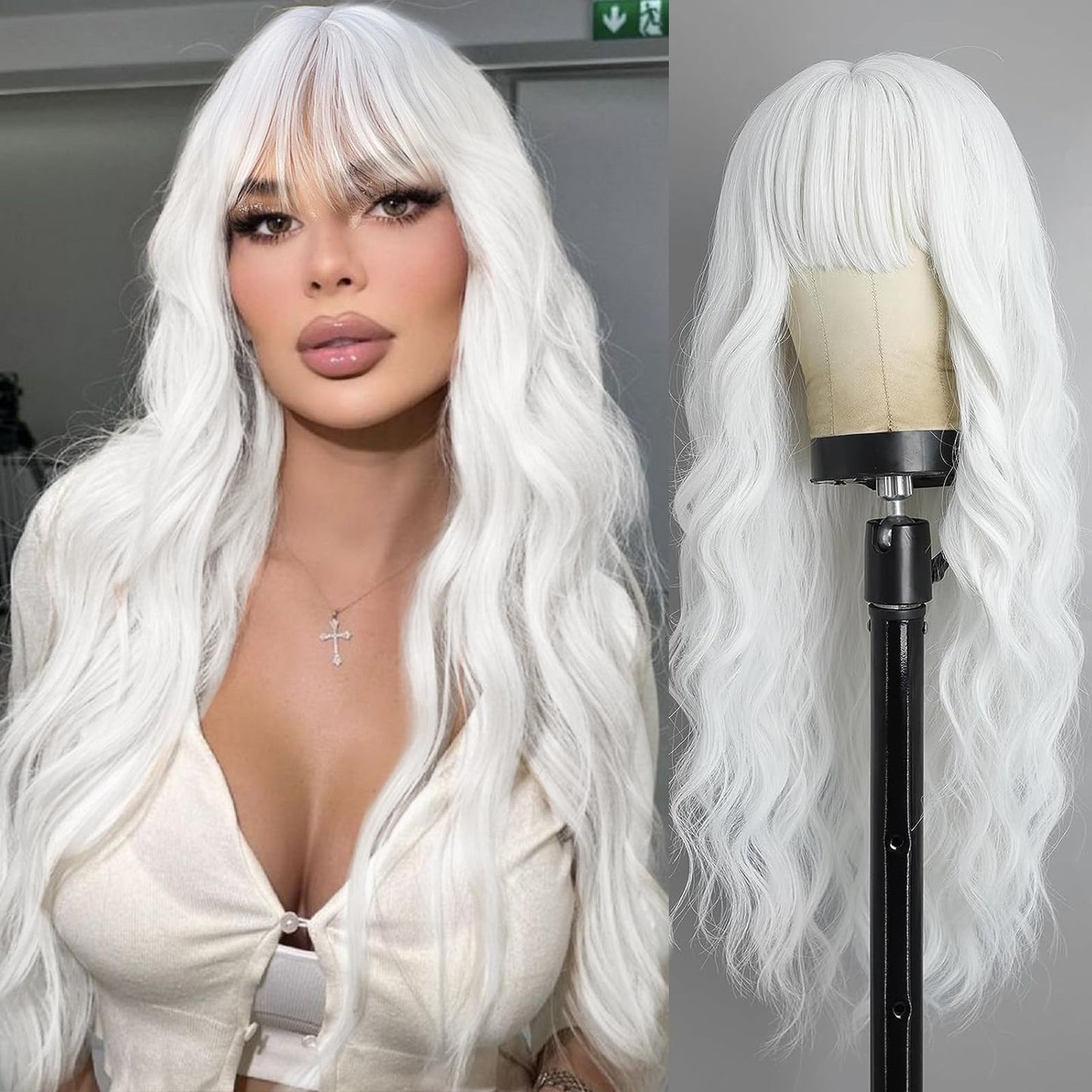 Lativ White Wig With Bangs Long Wavy Wig For Women White Color Wigs Synthetic Curly wig Natural Looking Heat Resistant Hair For Daily Party Cosplay Use 26 Inches