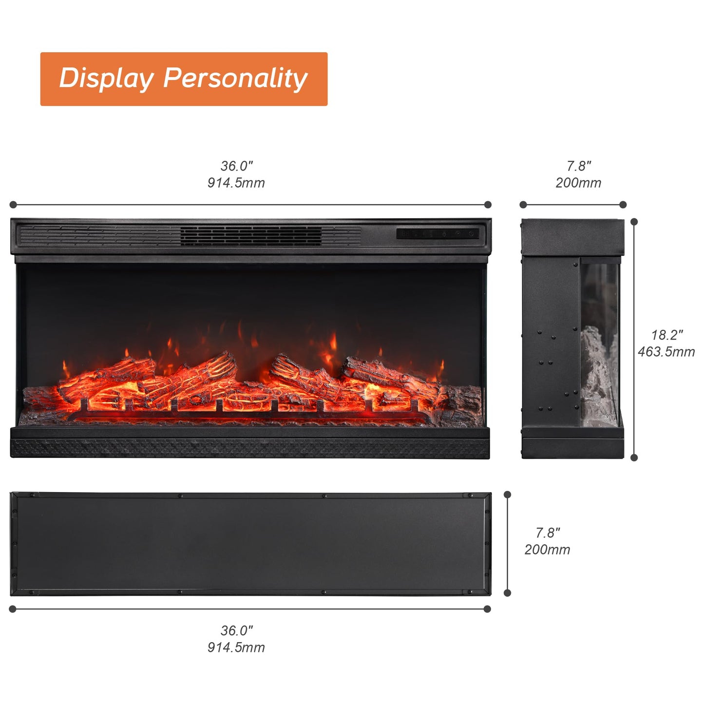 WAMPAT 36 inch 3-Sided Glass Electric Fireplace Insert, Freestanding Fireplace with Remote Control,12-Color Flame, 5 Adjustable Brightness,8 Hour Timer,1400W Fireplace Heater