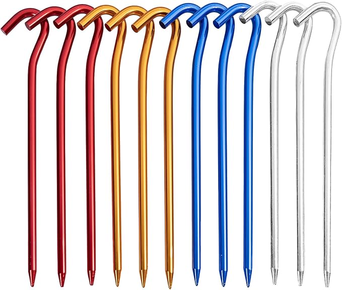 12 PCS Metal Tent Stakes Tent Pegs with Hook for Camping Ground Rug Party Tarp (7 Inch)