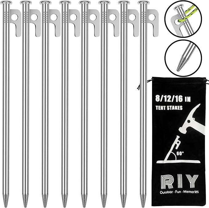 8 Pack Tent Stakes Heavy Duty 12 inch Steel Tent Pegs for Camping Unbreakable and Inflexible