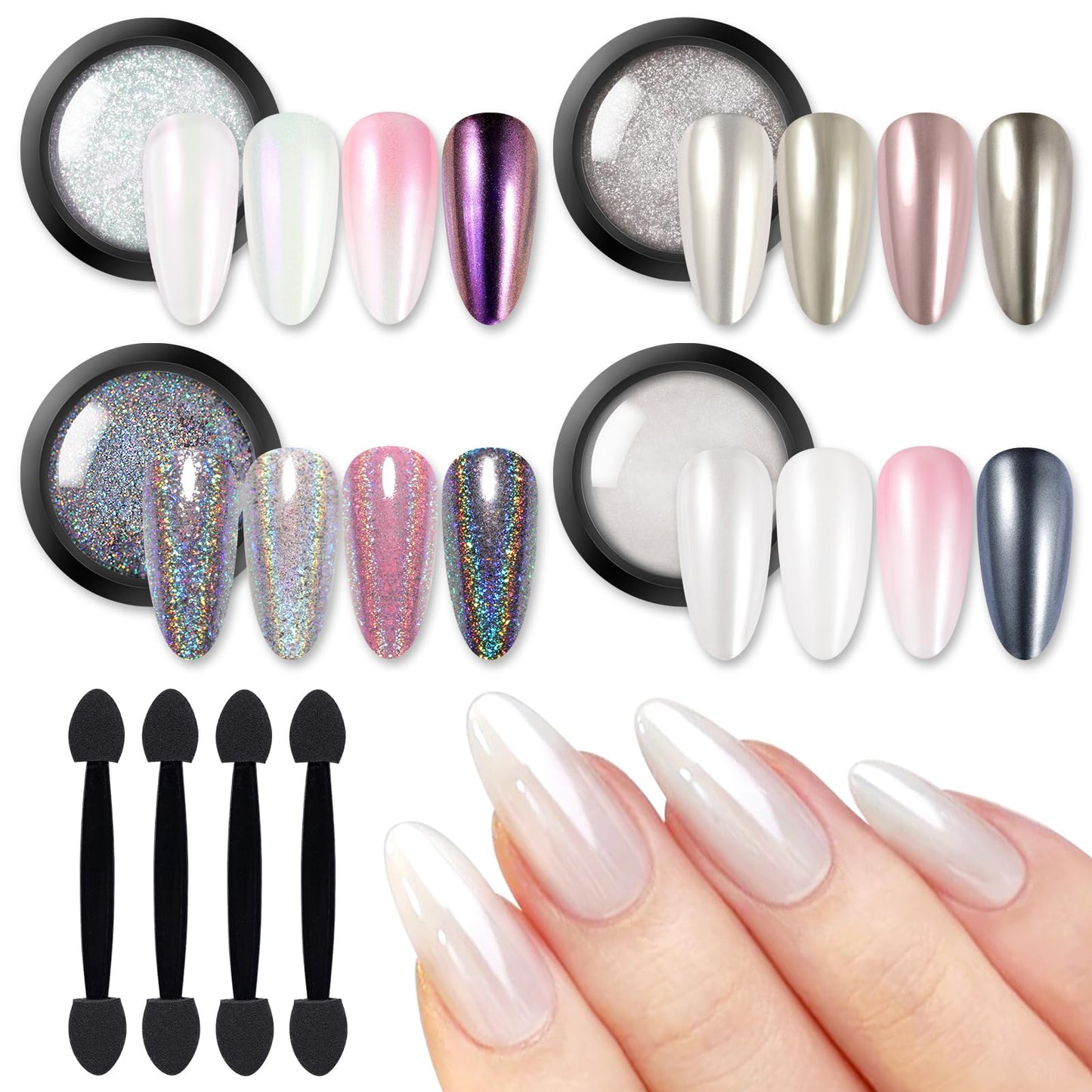 BORN PRETTY Chrome Nail Powder,White Pearl Metallic Mirror Holographic Chrome Powder for Nails,Pearl Glitter Pigment Dust Kit Na